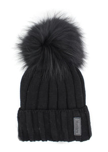 Black Ribbed Pom Pom Hat - Dark Grey Black Fur